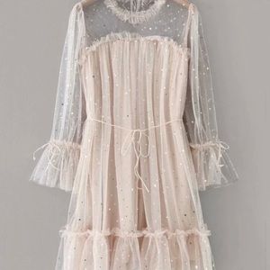Flounce Sleeve Frill Trim Star Sequin Mesh Dress